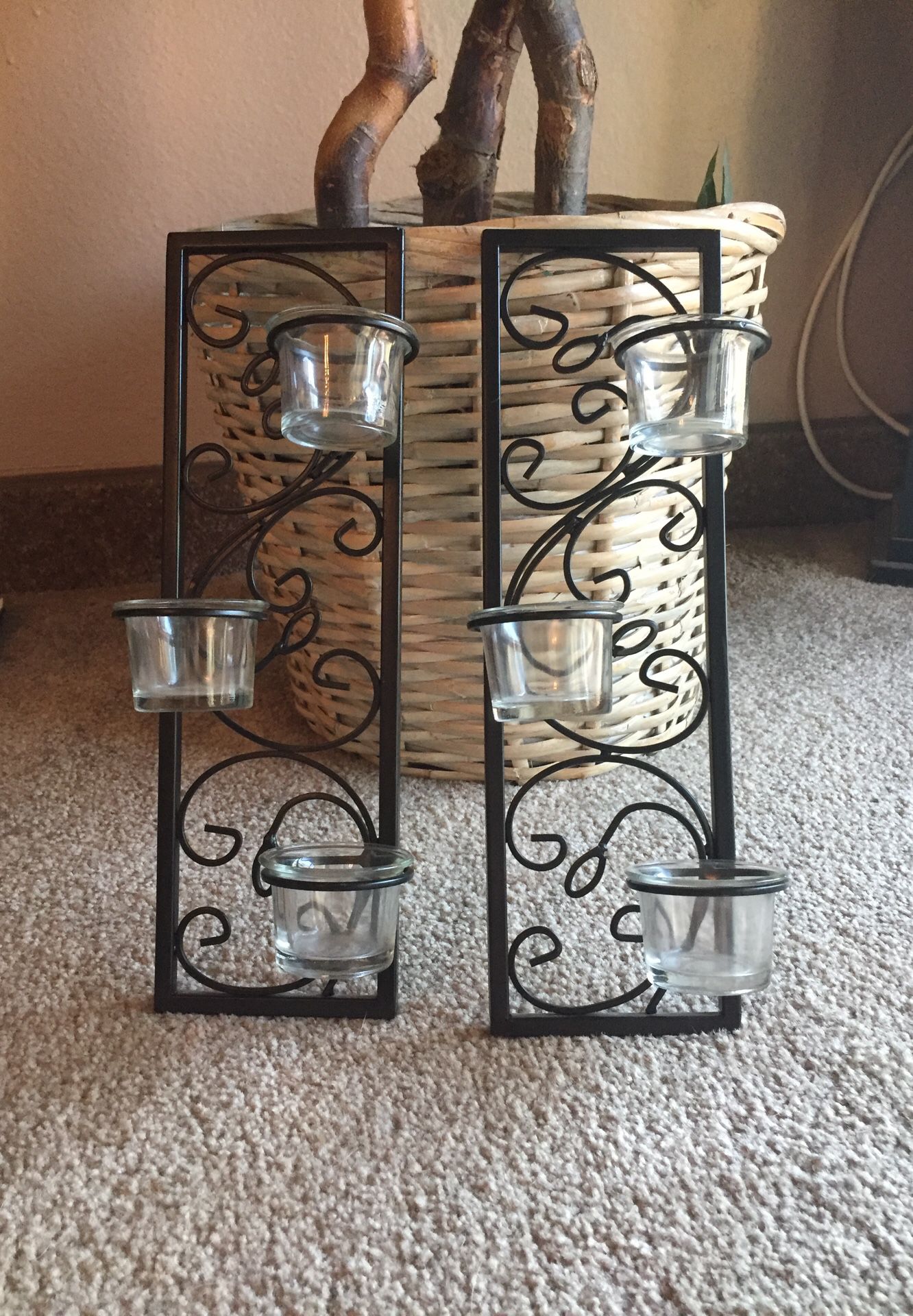 2 set, black metal with glass candle holder, wall decor