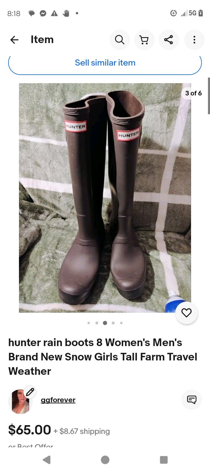 Hunter Boots Women's Tall Grey Sz 8 Rain Shoes