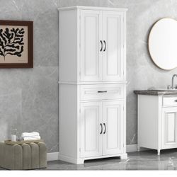As is 72'' Tall Storage Cabinet with 4 Doors, 5 Adjustable Shelves, White