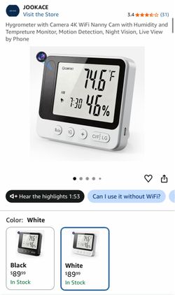 JOOKACE Hygrometer with 4K WiFi Nanny Cam. Hidden camera.