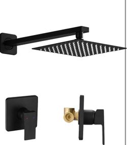 Matte Black Shower Faucet Set, Single Function Shower Trim Kit With Rough-In Valve, Square Rain Shower Head System Included Extra Long Shower Arm For 