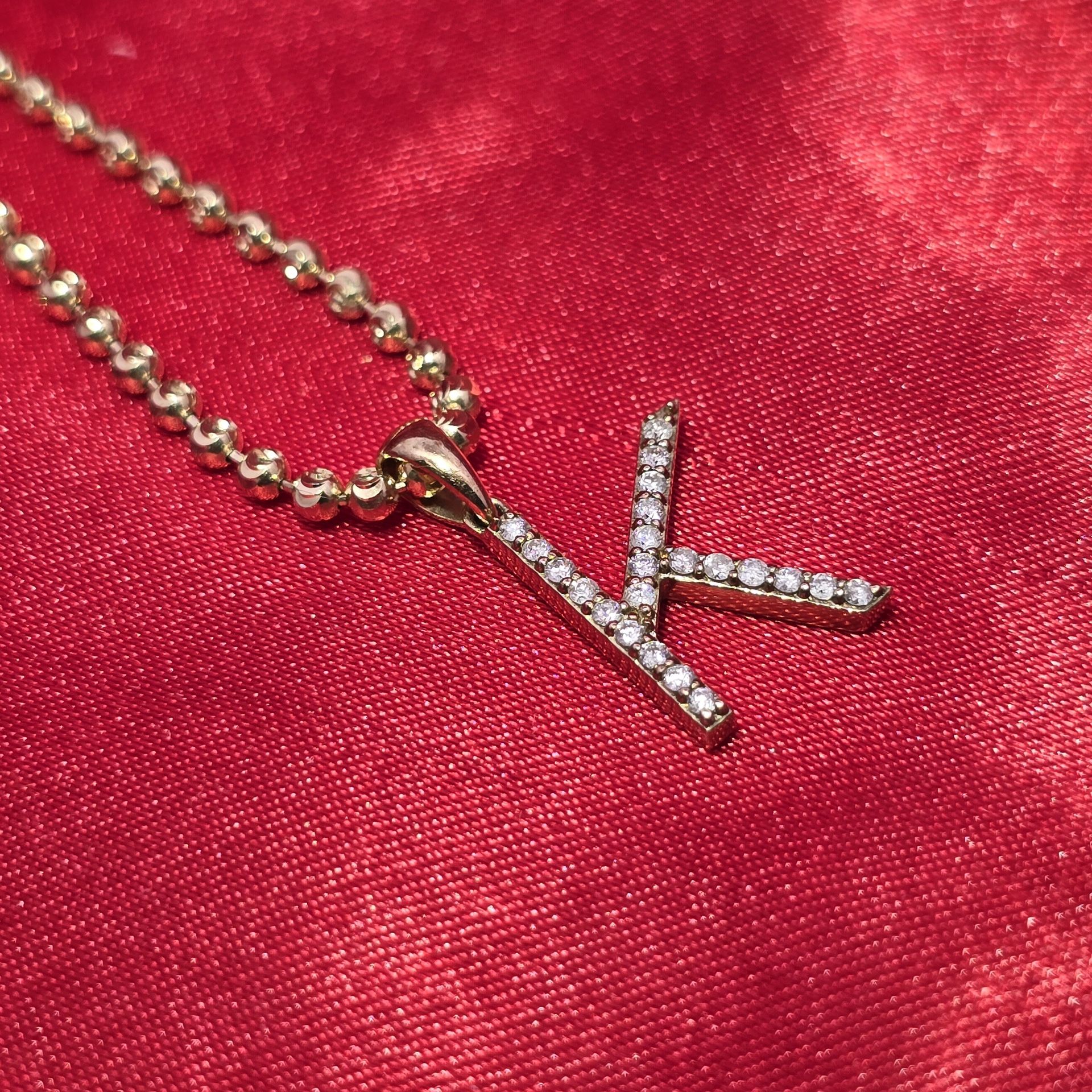 10k Yellow Gold Diamond "K" Initial Pendant With Moon Cut Chain 1/8 ctw