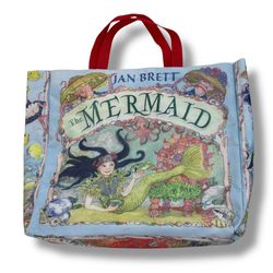 Jan Brett Canvas Tote Bag with Red Handles Promotional Item The Mermaid Book   The Jan Brett Canvas Tote Bag with Red Handles is a large tote bag feat