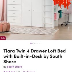 Tiara Twin, Four Drawer Loft Bed With Built-In Desk By Southshore