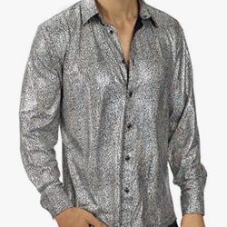 Men Dress Shirt Sequins Long Sleeve Button Down Shirt