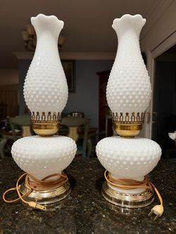 Pair of Milk Glass Hobnail Hurricane Table Lamps