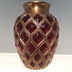 Vintage Victorian Bronze & Ruby Bubble Glass Vase