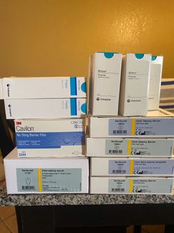 20 Ostomy bags and barrier wafers. 5 boxes of Brava powder and 2 tubes of Ostomy care