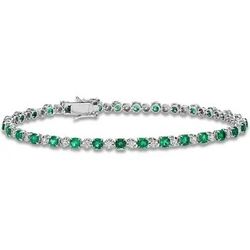 Elegant silver-toned tennis bracelet has alternating round-cut green emeralds and small clear diamonds. The piece is constructed with a secure box cla
