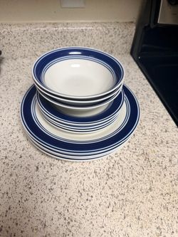 White and Blue Striped Dinnerware Set