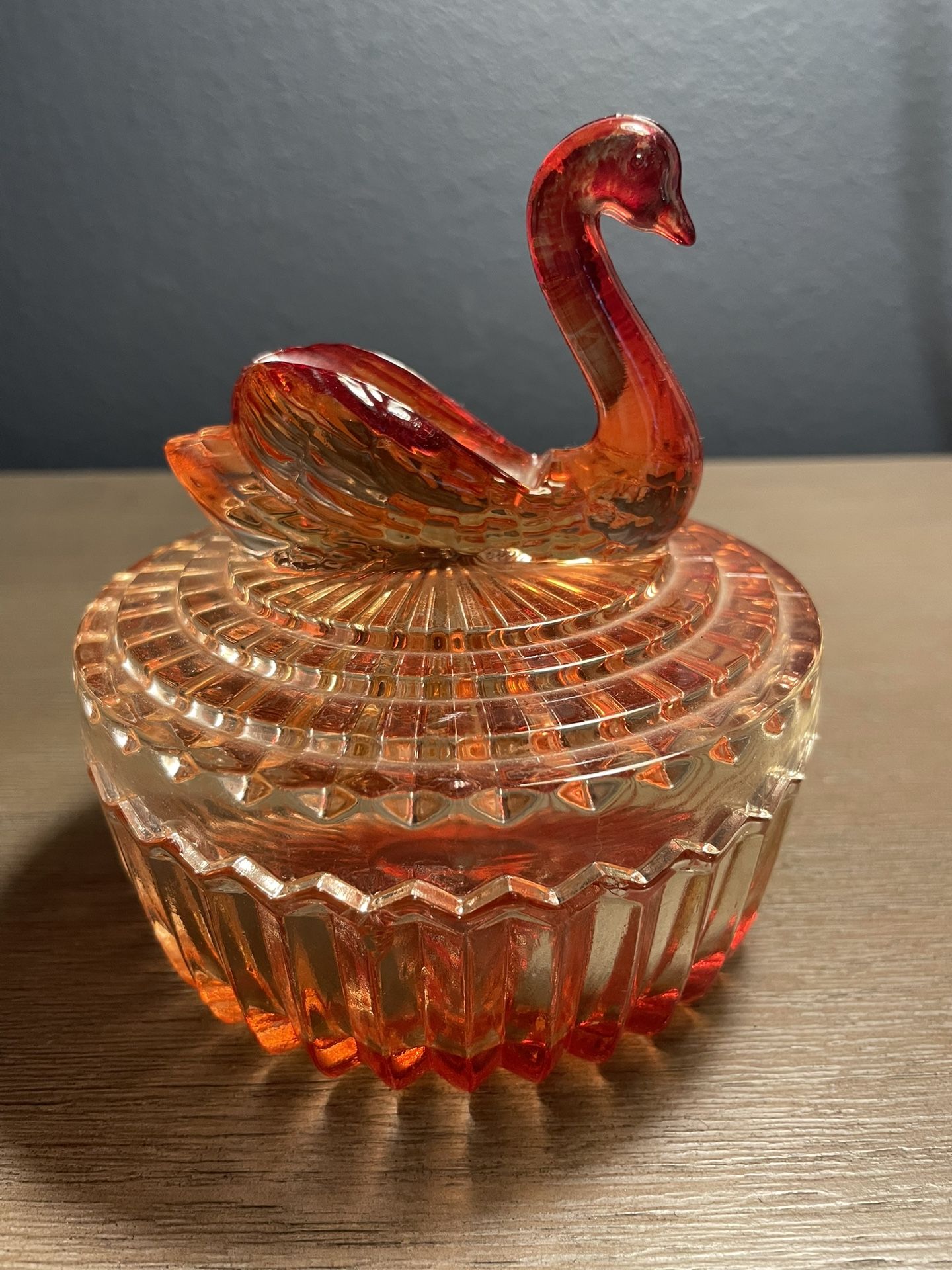 Vintage Jeanette Glass Amberina Glass Swan Candy Dish w/ Lid Ombre Red / Yellow