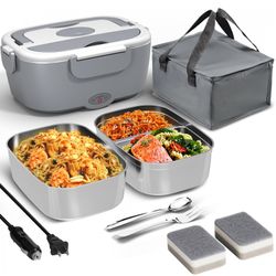 Portable Heated Lunch Box with Dual Stainless Steel Containers Gray Retail $34.00