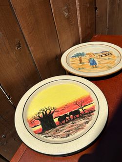 Dedza Malawi Ovenware Plates African Desert Scene W/ Elephants.