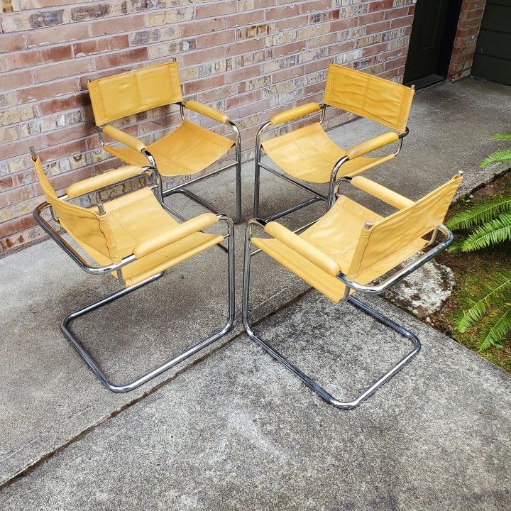 Set Of 4 Mid Century Modern Yellow Leather And Chrome Dining Chairs Vintage
