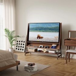 Solid Wood Rolling TV Stand with Shelves