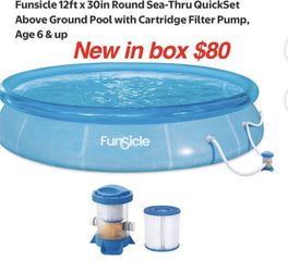 New in box Funsicle 12ft x 30in Round Sea-Thru QuickSet Above Ground Pool with Cartridge Filter Pump, Age 6 & up $80 firm cash only pick up East Palmd