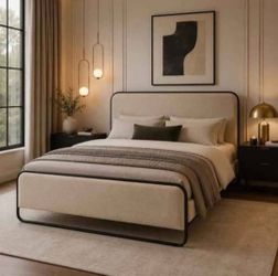 Full bed Size Metal Bed Frame with Upholstered Headboard, Beige
Curved Upholstered Headboard and Footboard, Large Under Bed Storage, No Box Spring Nee
