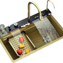 Gold Flying Rain Waterfall Household Sink Integrated w Pull-Out Tap Set 29.5INCH