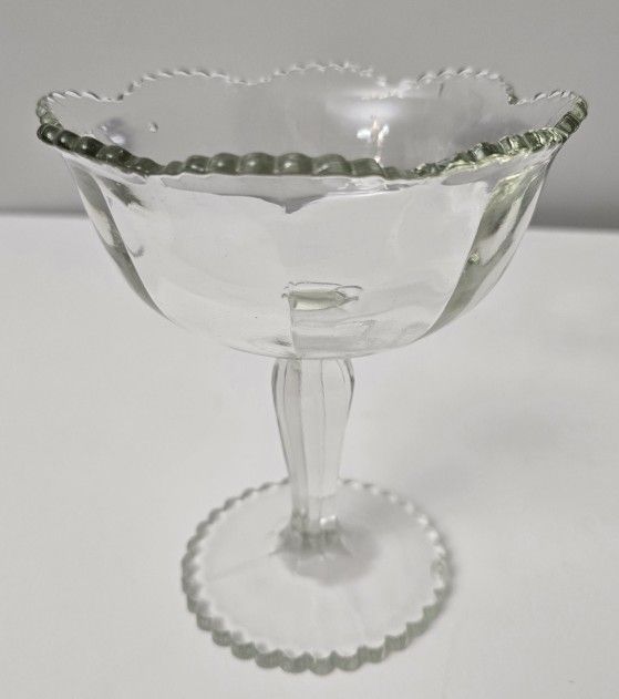 Vintage Glass 6.25” Compote Sherbert Fruit Dessert Glass Beads on Rim Scalloped