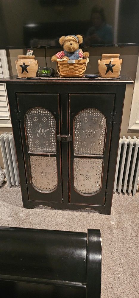 Primitive Country Rustic Black Distressed Jelly Cabinet Punched Tin