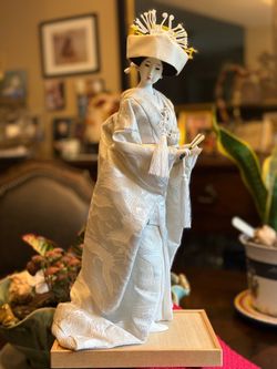 Vintage Japanese Shiromuku Bride Doll, Traditional White Wedding Kimono, Cranes, 18” Tall