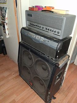 Blackstar guitar amp head, peavey cab, squier bass, roadrunner guitar/bass case