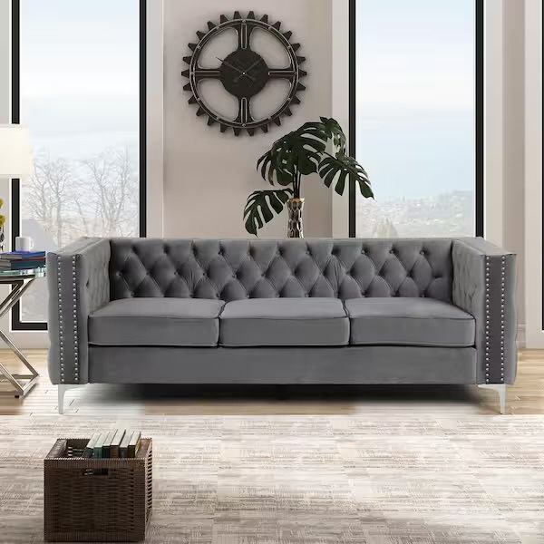 85 in. Square Arm 3-Seater Removable Cushions Sofa in Grey