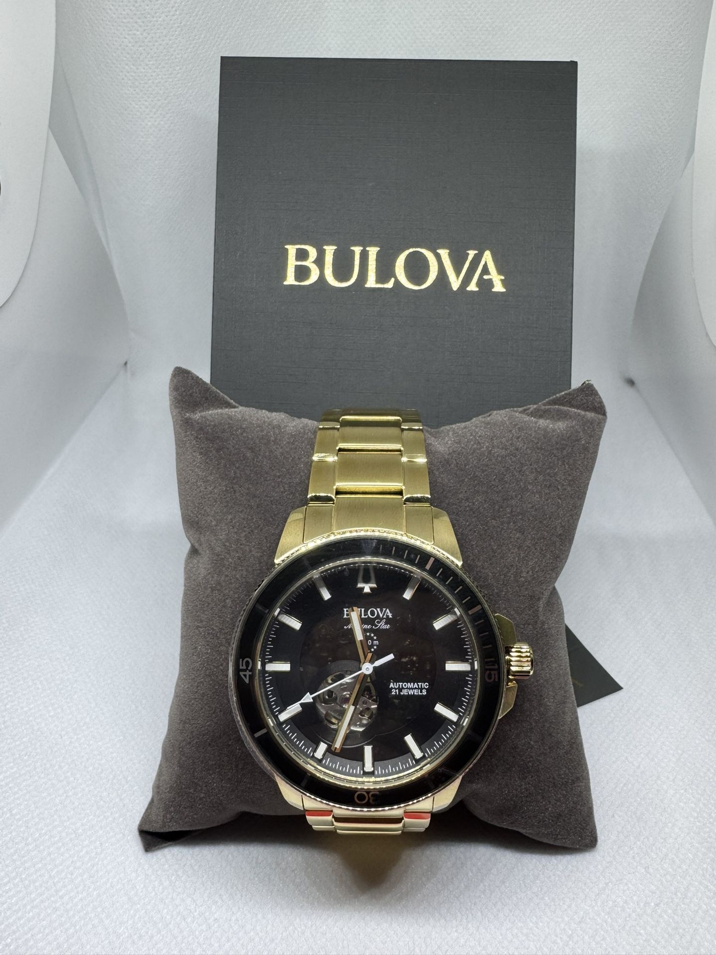 Bulova Marine Star Automatic 97A174 Gold Tone 45mm Men’s Watch – Open Heart – 200M WR