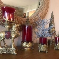 Holiday Ruby Red Glass/Gold 16”H Reindeer, Christmas Tree, Candle Holders Collection