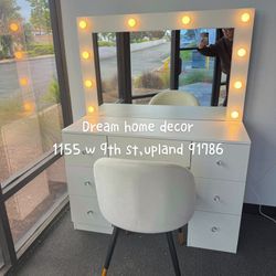 47 inch Vanity Table with Mirror Hollywood Light 7 Drawers makeup vanity white color with chair
