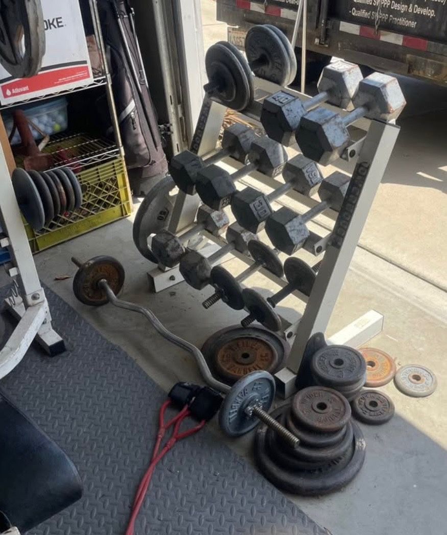 Workout Bench, Weights, Dumbbells (Sold As Set)