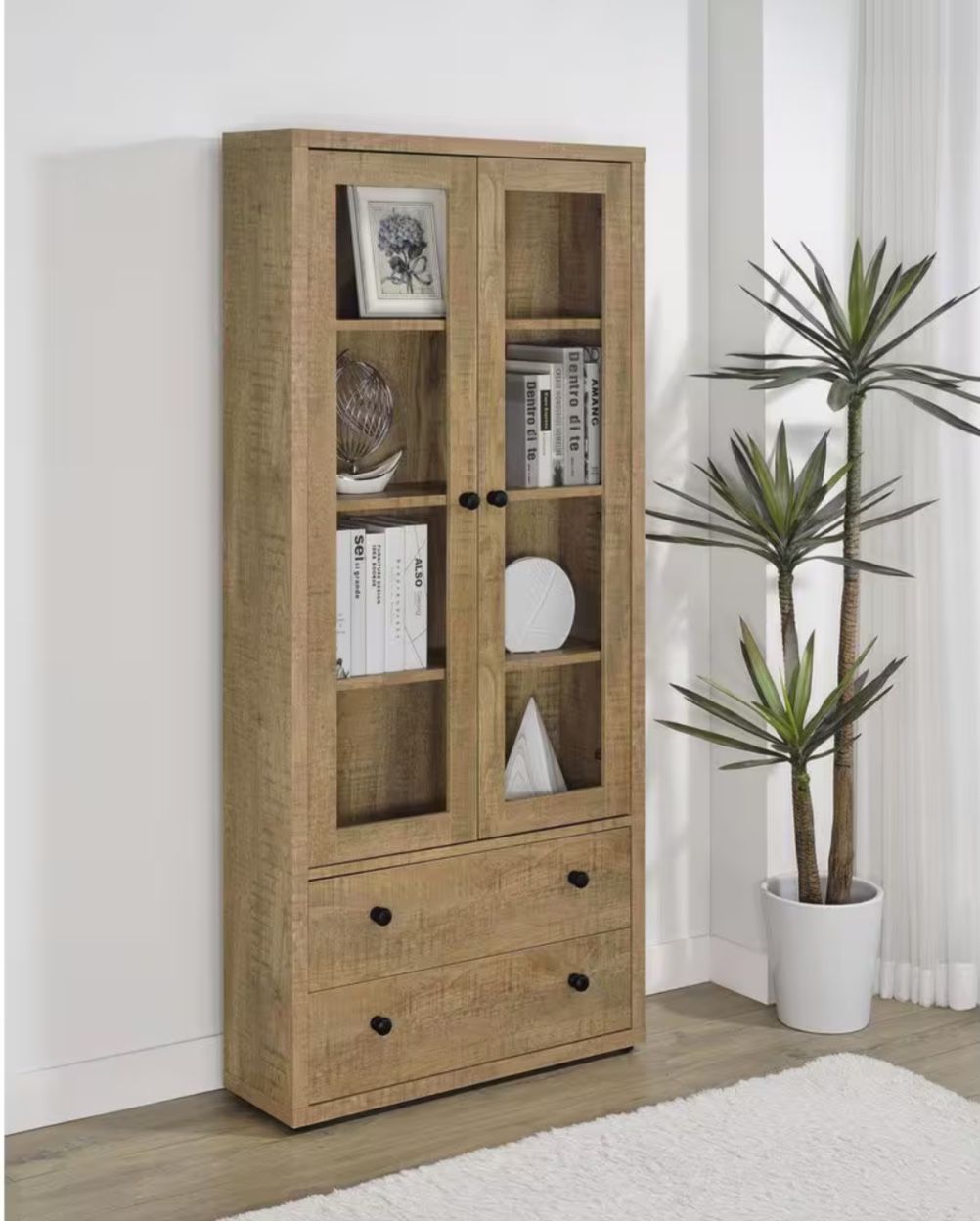 Sale !!4 Shelf Glass Door Tall Cabinet With Drawers Mango
