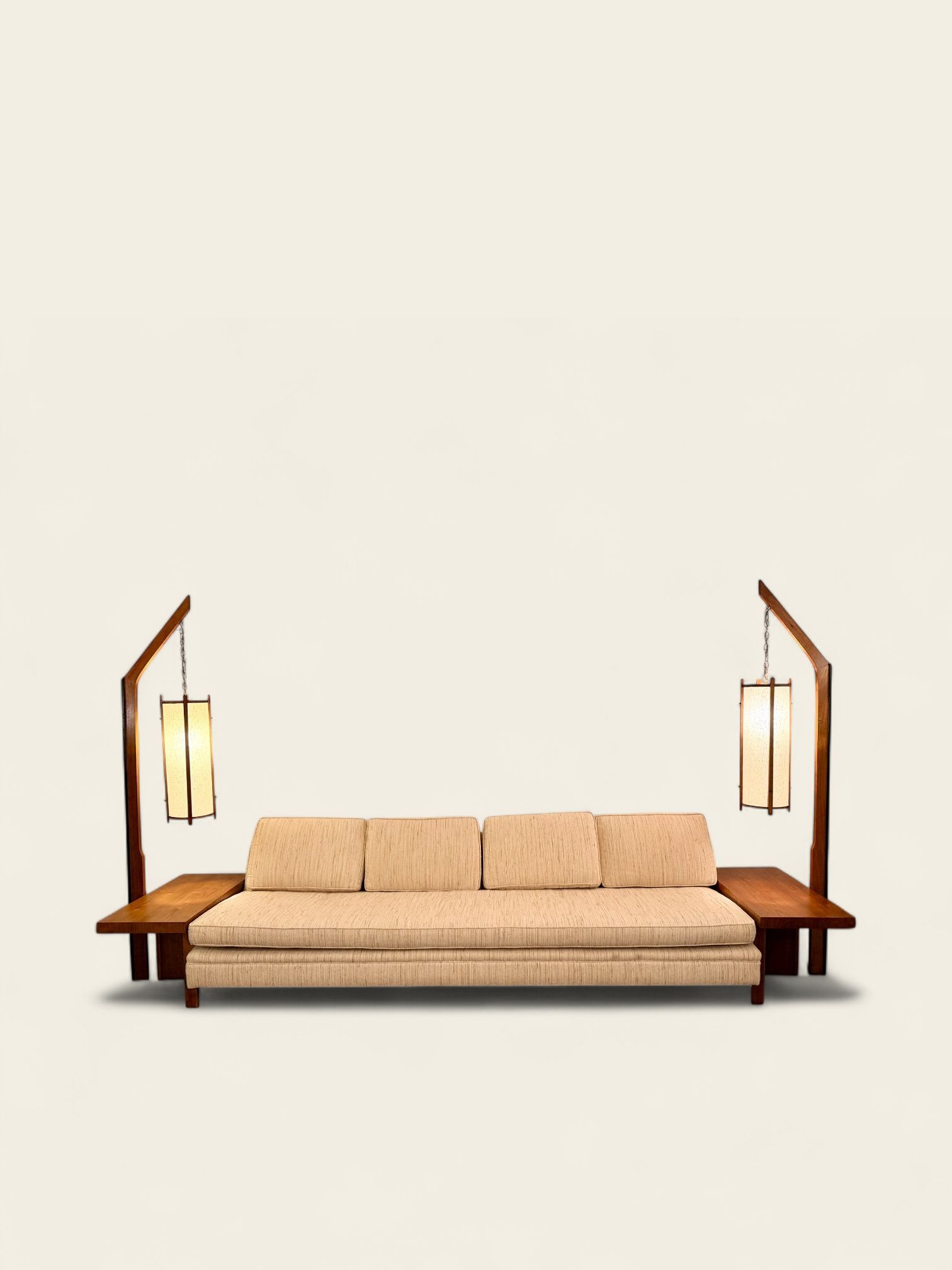 Vintage Mid-Century Modern Sofa with Integrated Walnut Tables and Hanging Lamps - Attributed to John