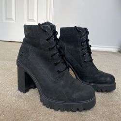 Timberland Lana Point Lace Up Heeled Boots Size 8 Black Nubuck