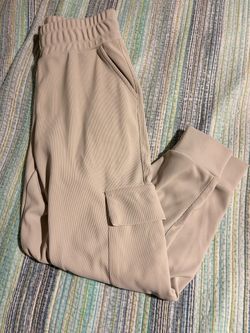 Move Theory Womens Ribbed Cargo Jogger Pants Beige Tan High Waist Stretch Large