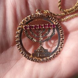 14 K Gold 26.6 In Chain  Chain And 14k Gold Large Pendant With Rubies.