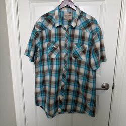 Wrangler Retro Western Shirt Mens 3XLT Blue Brown Plaid Pearl Snap Short Sleeve