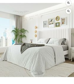 O23 $100  Sha Cerlin Full Size Upholstered Platform Bed Frame with Velvet Channel Wingback Headboard, Off White  Wingback Headboard Design: The channe
