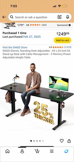 SIAGO Electric Standing Desk Adjustable - 63 x 24 Inch