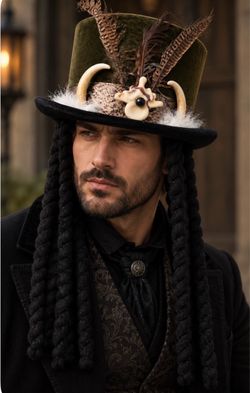 Green Velvet Top Hat with Feathers and Braids