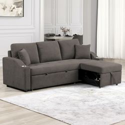 Gray Fabric Couch Sofa Sectional Pull Out Sleeper Bed