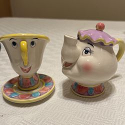  💜 Authentic Disney Parks Mrs Potts Teapot Beauty & The Beast & 1Chip Cups Rare