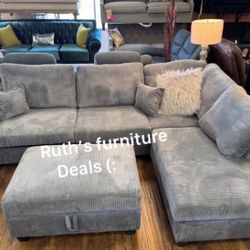 New! 3-pc Corduroy Sectional Sofa With Storage Ottoman ✅ $475 No Tax