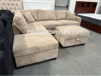 105”L Reversible chaise couch. New! Camel Plush Sectional And Storage Ottoman, Sectional Couch, Sofa, Reversible Sectional, Couch, Brown Sectional, Re