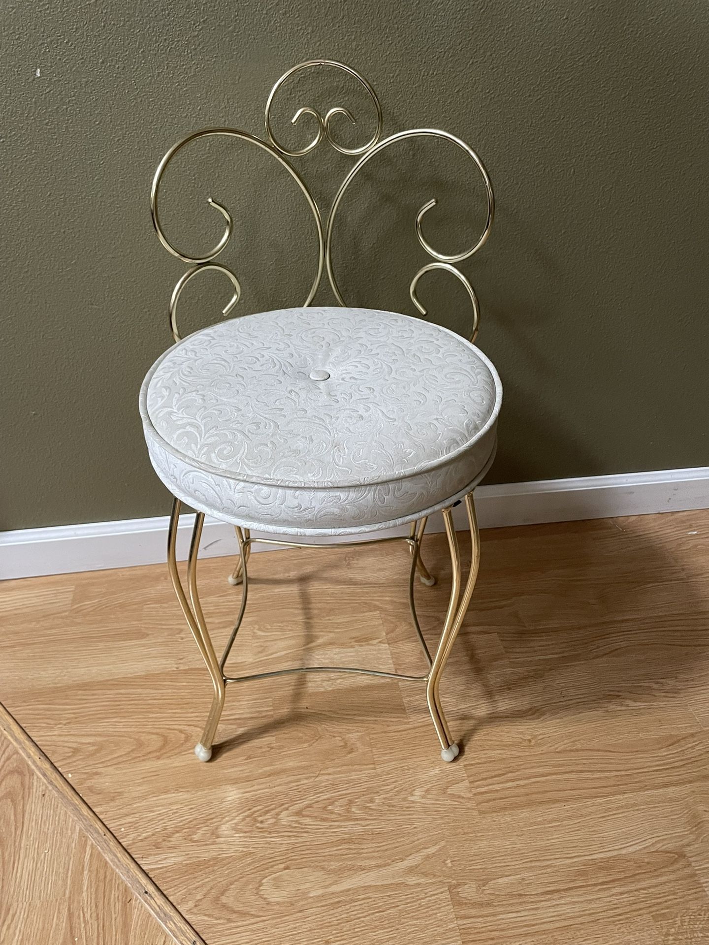 Vintage from 1929 Brass White Vinyl Padded Vanity Bench Stool Chair