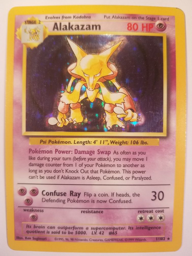 *SHIP ONLY* Played (PL) Alakazam Holofoil #1/102 Original Base Set Pokemon Trading Card TCG WOTC Holographic Hologram Holo Foil Shiny Halo