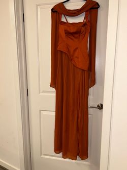 Burnt Orange Pleated Maxi Dress with Shawl