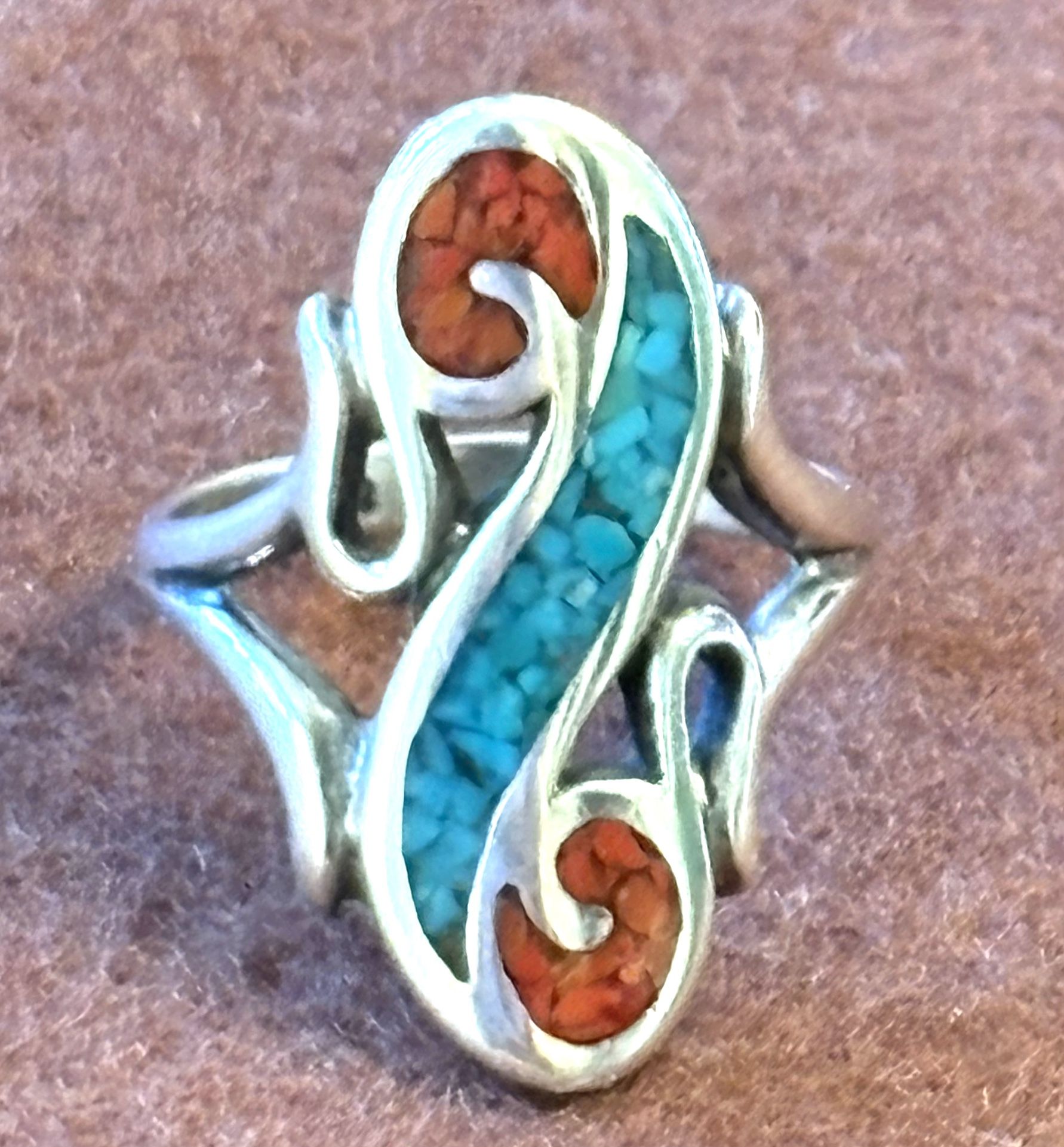 Native American Turquoise Coral Paisley Sterling Silver Ring