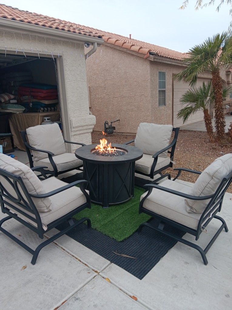 Patio Set Fire Pit And 4 Chairs With Cushions