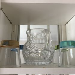 cut crystal glass pitcher with matching colorful tumblers 